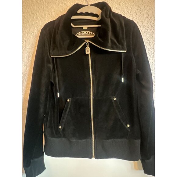 Michael Kors M Black Velour full zip Kangaroo Pockets Drawstring High Collar - Picture 11 of 16